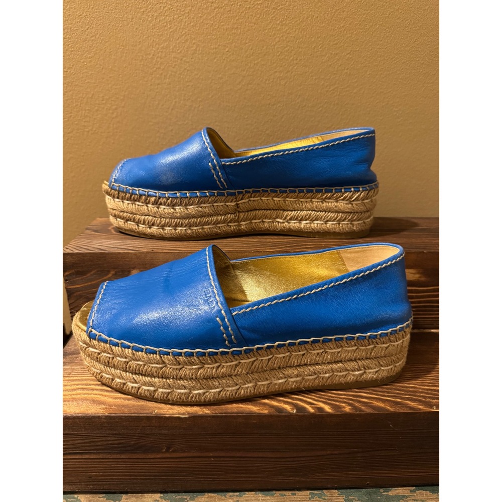 Vintage Prada Blue Leather Espadrille Platform Peep Toe Sandals, size 38